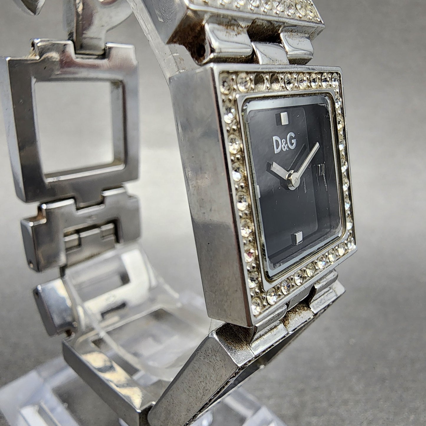Dolce & Gabbana Tank Watch Women 21mm Black Dial Steel Crystal Accent New Batt3