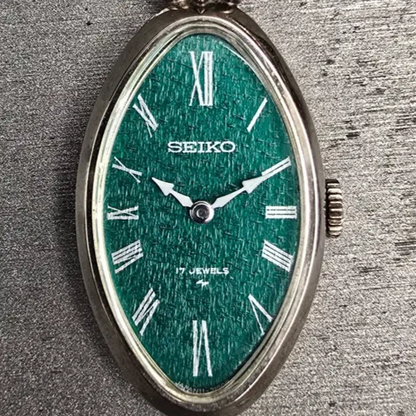 Seiko Necklace Watch Women 19mm Green Dial Silver Tone Oval 11-7990 Manual Wind1