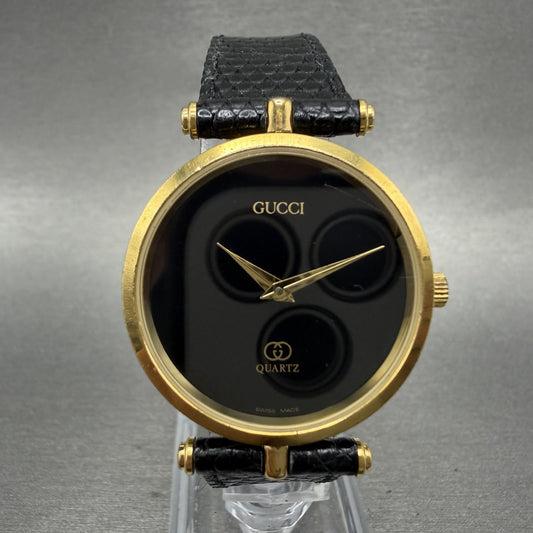 Gucci 2000M Watch Men 30mm Black Dial Gold Plated Leather Round New Battery0