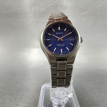 Reguno Solar Watch Women 25mm Blue Dial Titanium Date E011-S028132 Runs