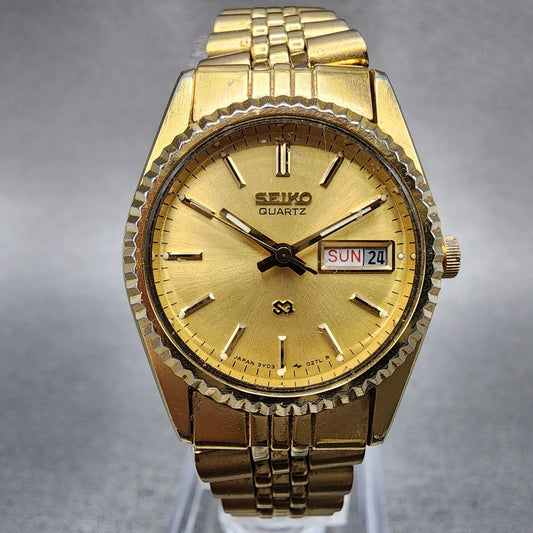 Seiko SQ Watch Women 24mm Gold Dial Gold Tone Daydate 24mm Round New Battery NBG0