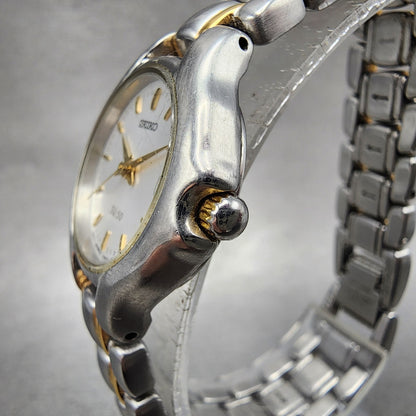 Seiko SQ 50 Watch Women 25mm White Dial Two Tone Date 7n820301 New Battery2