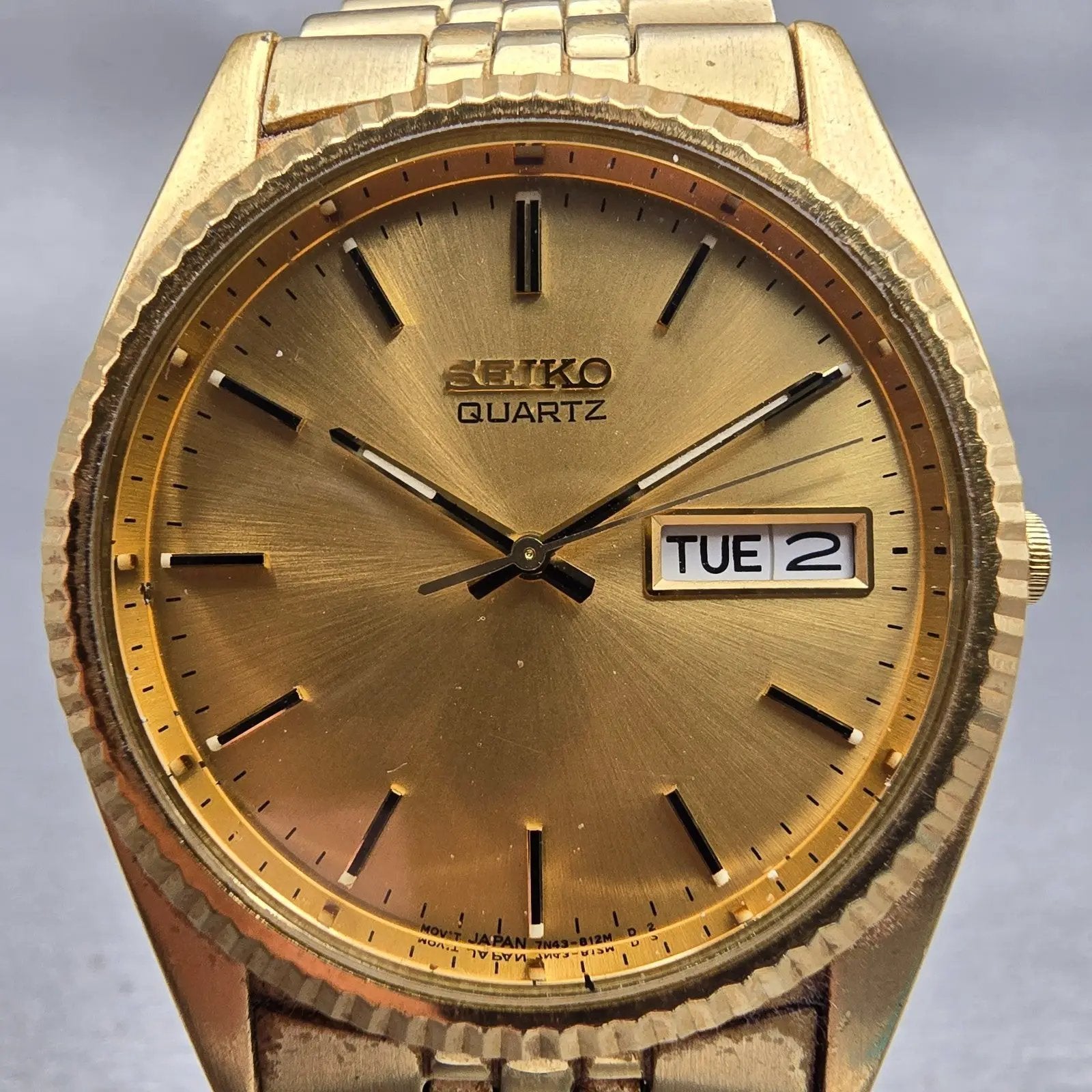 Seiko President Watch Men 37mm Gold Dial Gold Tone Daydate 7N43-8111 New Battery1