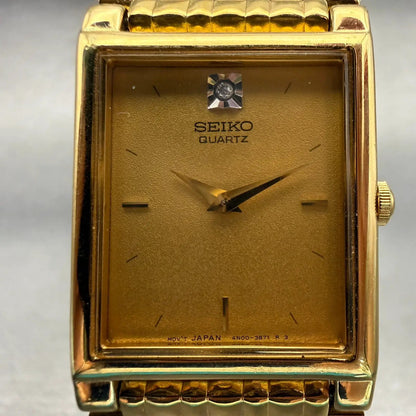 Seiko Watch Women 23mm Gold Dial Gold Tone Rectangle 4N00-6298 New Battery VTG1
