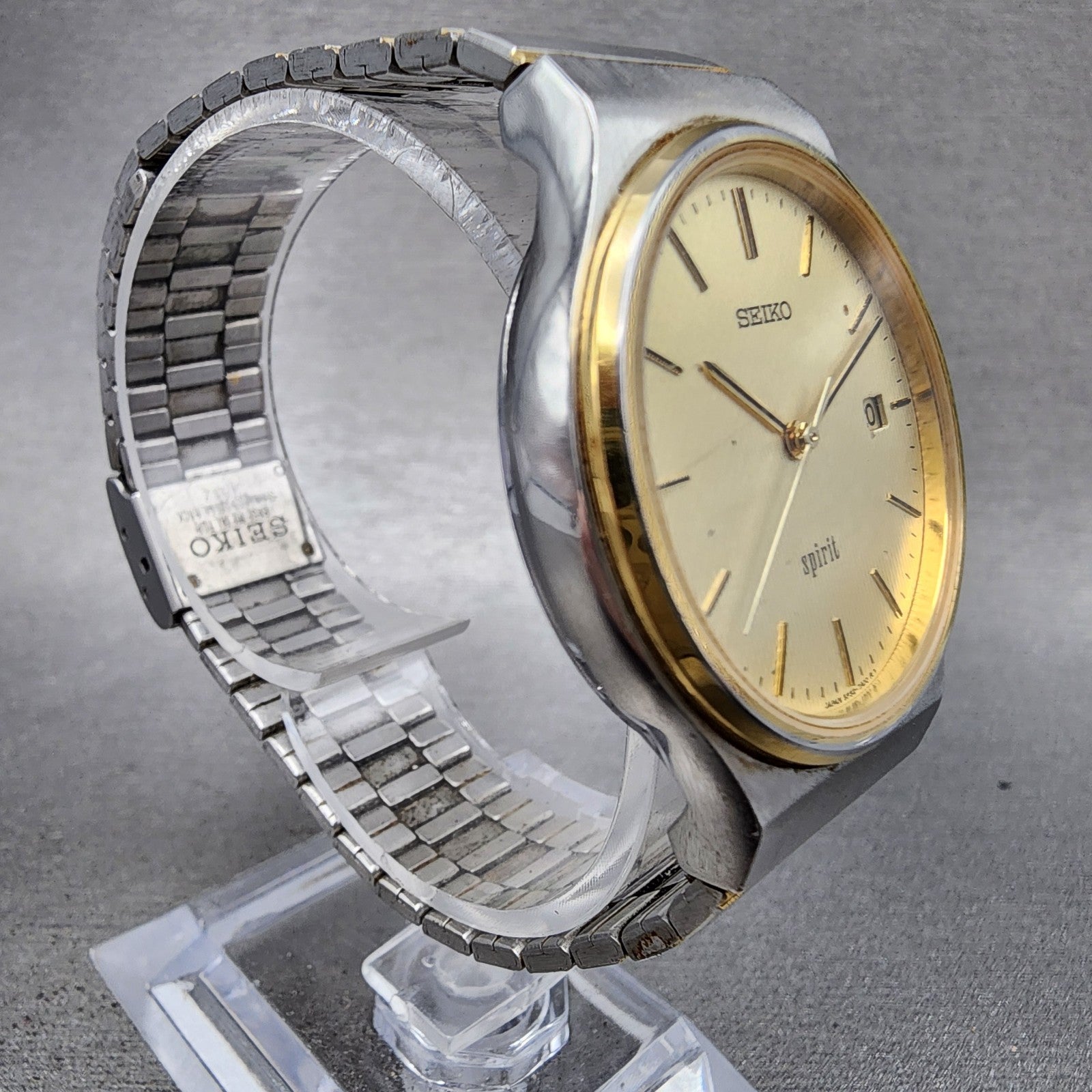 Seiko Spirit Watch Men 33mm Champagne Dial Two Tone Date 5p327a00 New Battery3