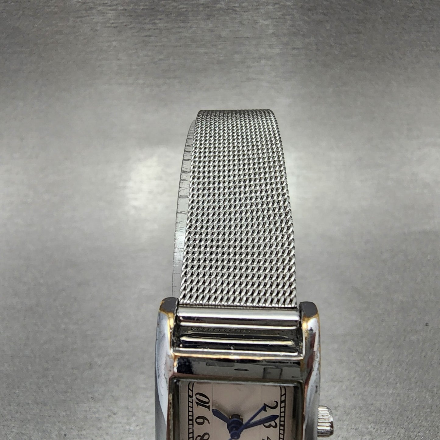 ANA Dual Time Tank Watch Women 19mm White Dial Steel Rectangle Mesh Band New Bat4