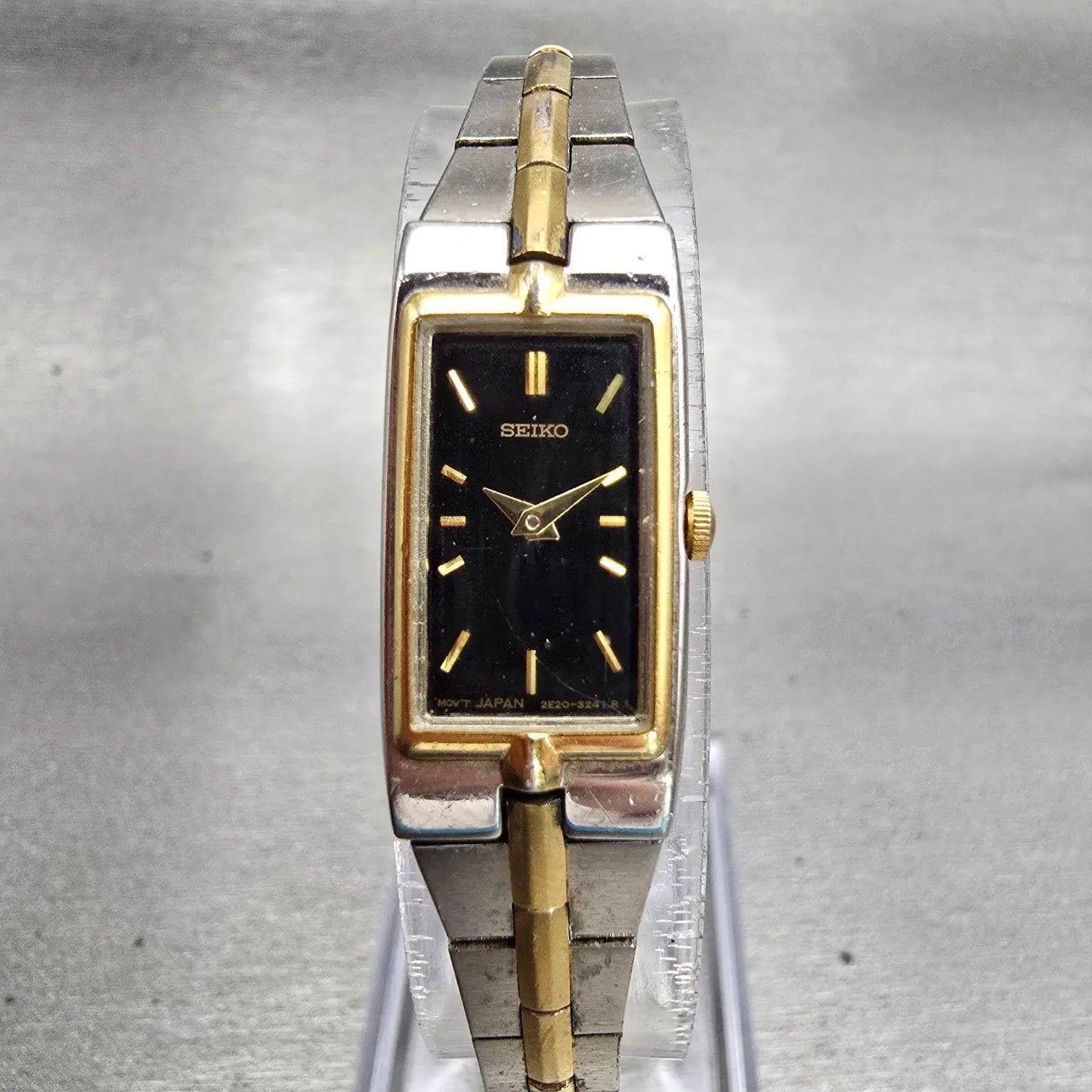 Seiko Watch Women 13mm Black Dial Gold Tone Rectangle 2E20-7479 New Battery VTG0