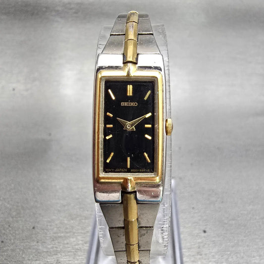 Seiko Watch Women 13mm Black Dial Gold Tone Rectangle 2E20-7479 New Battery VTG0