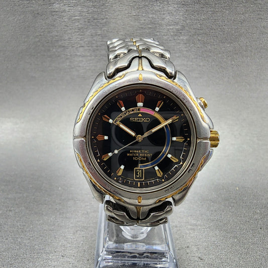 Seiko Kinetic Watch Men 39mm Black Dial Steel Date Round 5M620B40 PARTS0