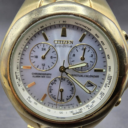 Citizen Eco-Drive Chronograph Watch Men 39mm White Dial Gold Alarm Perpetual Cal1