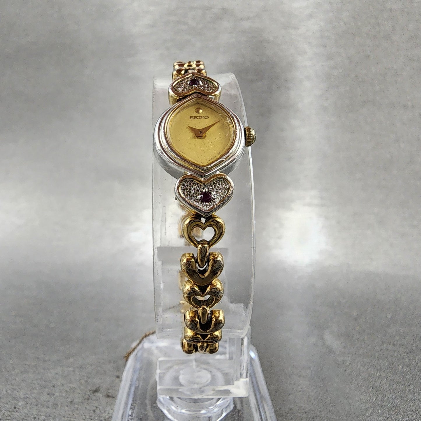 Seiko Watch Women 13mm Champagne Dial Two Tone Hearts 1e205220 New Battery5