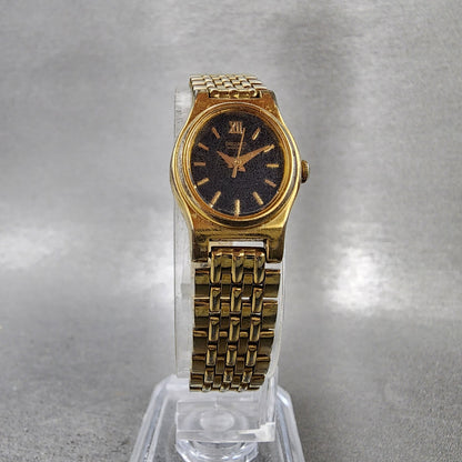Seiko Watch Women 18mm Black Dial Gold Tone Oval V4015109 New Battery ABC1235