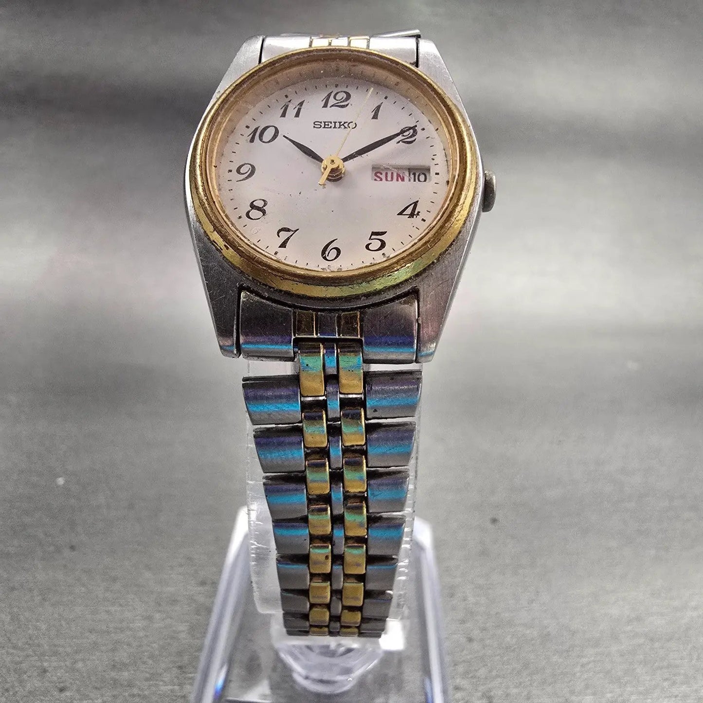 Seiko Watch Women 24mm White Dial Two Tone Daydate Round 7N83-0011 New Battery5