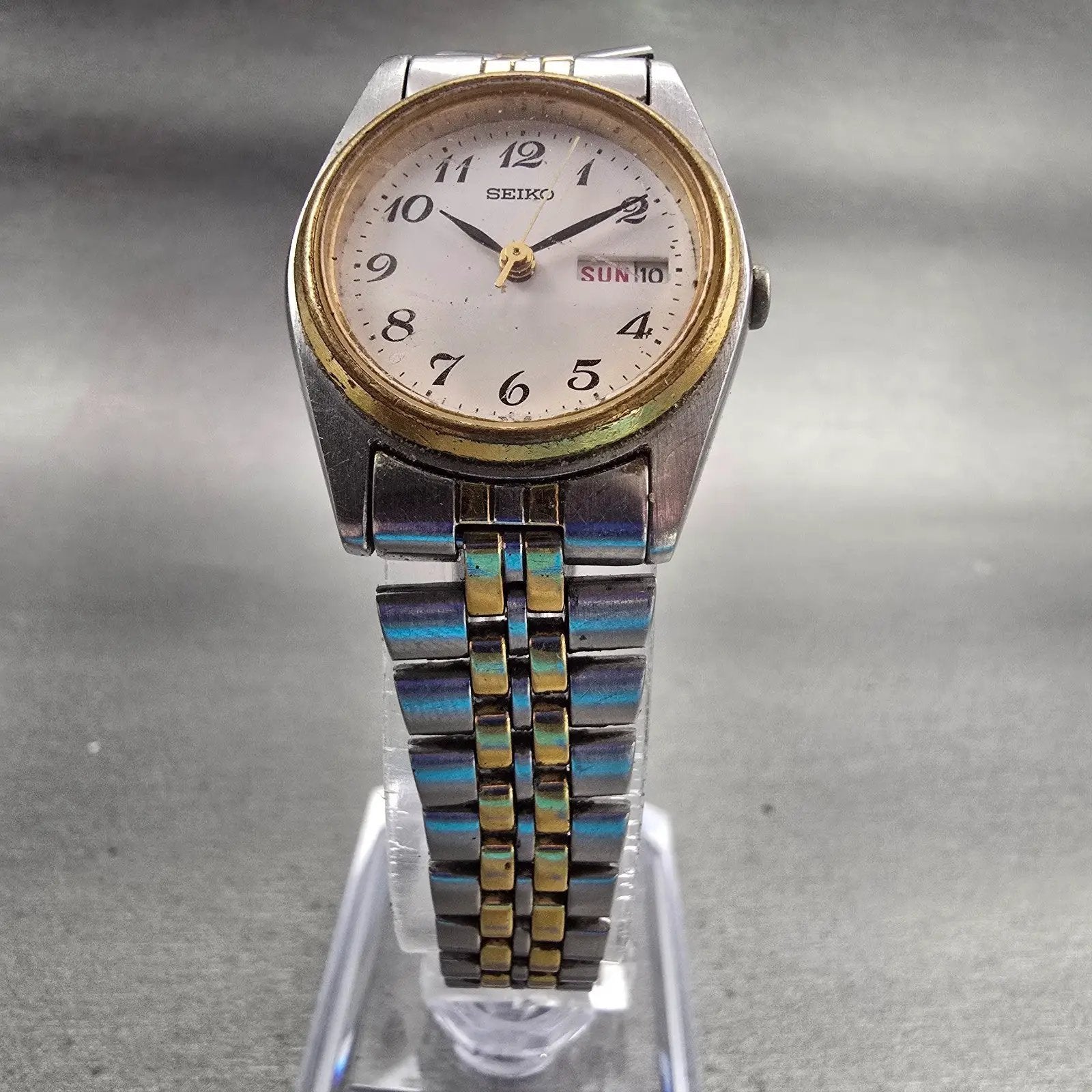 Seiko Watch Women 24mm White Dial Two Tone Daydate Round 7N83-0011 New Battery5