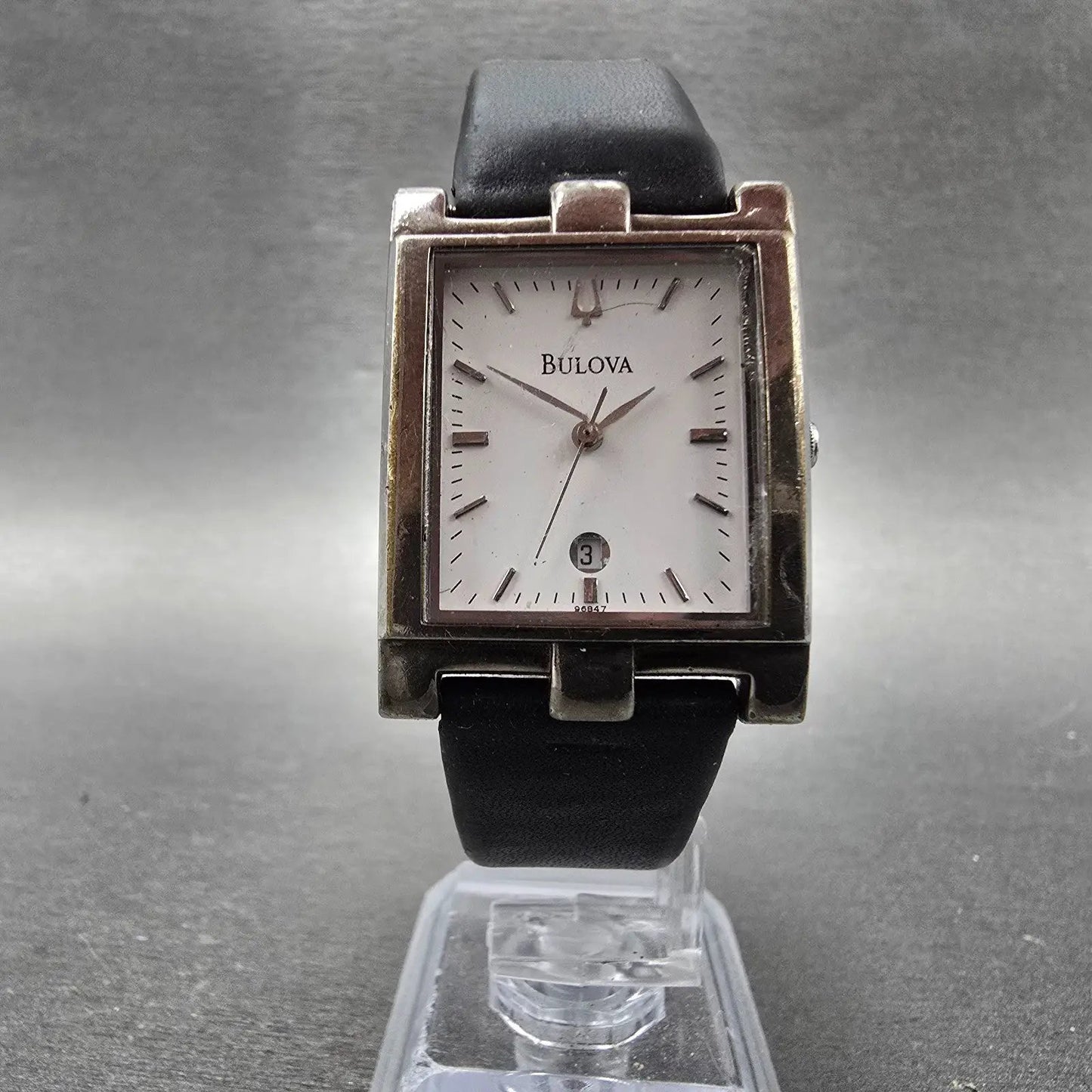 Bulova Tank Watch Men 25mm White Dial Silver Tone Date Rectangle 96B47 PARTS VTG6