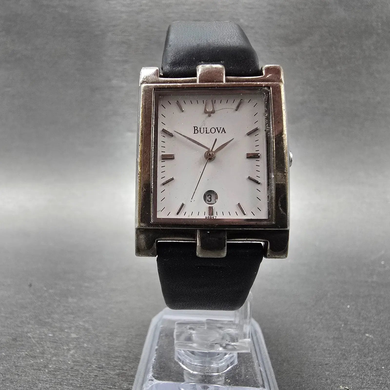 Bulova Tank Watch Men 25mm White Dial Silver Tone Date Rectangle 96B47 PARTS VTG6