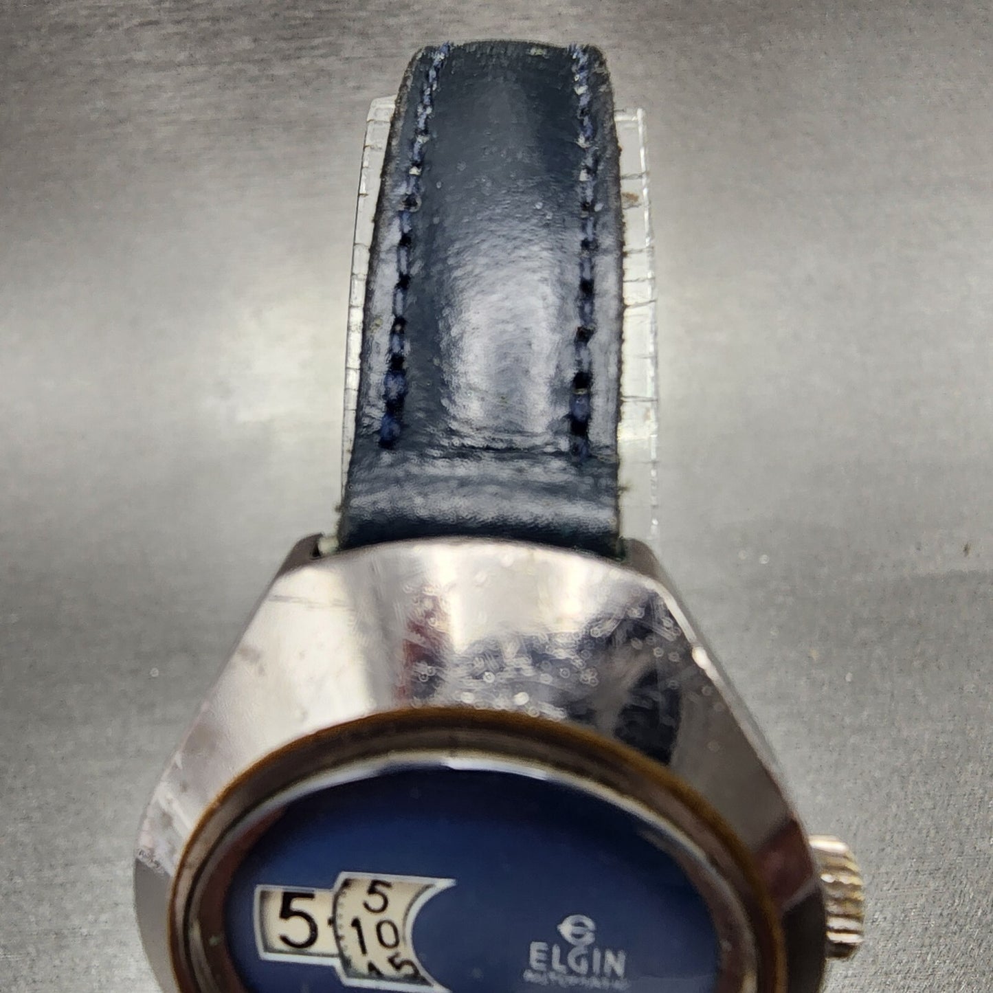 Elgin Jump Hour Automatic Watch Women 28mm Blue Dial Steel Vintage PARTS5