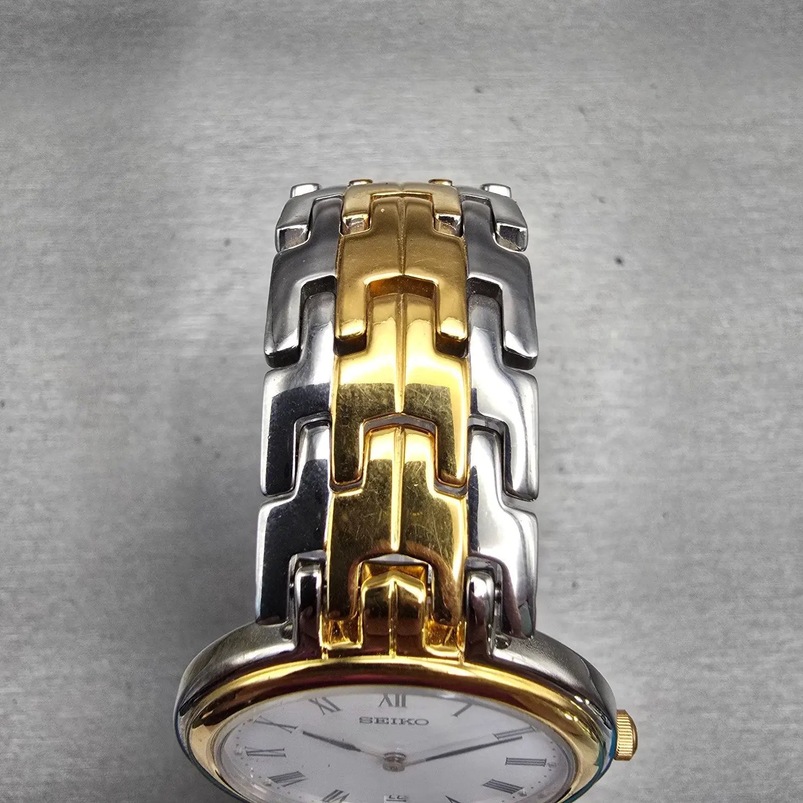 Seiko Watch Men 34mm White Dial Two Tone Date Round 7N39-7029 New Battery VTG4