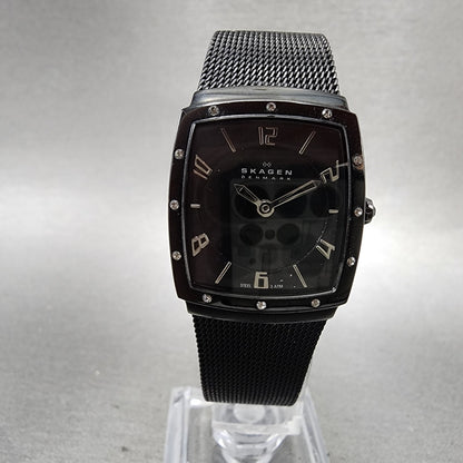 Skagen Tank Watch Women 23mm Black Dial Black Tone Rectangle 396XSBB New Battery0