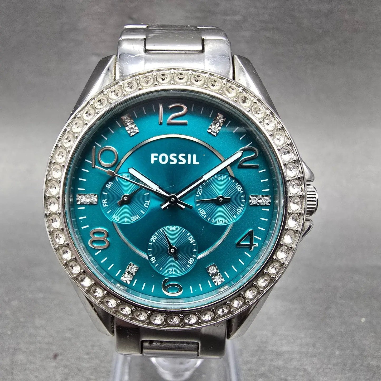 Fossil Watch Women 38mm Green Dial Silver Tone Daydate ES3766 New Battery0