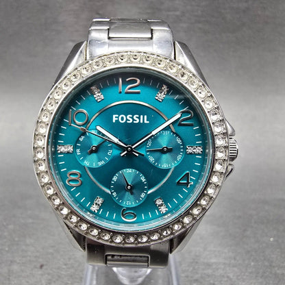 Fossil Watch Women 38mm Green Dial Silver Tone Daydate ES3766 New Battery0