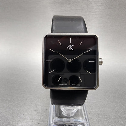 Calvin Klein Watch Women 30mm Black Dial Silver Tone Square Leather New Battery0