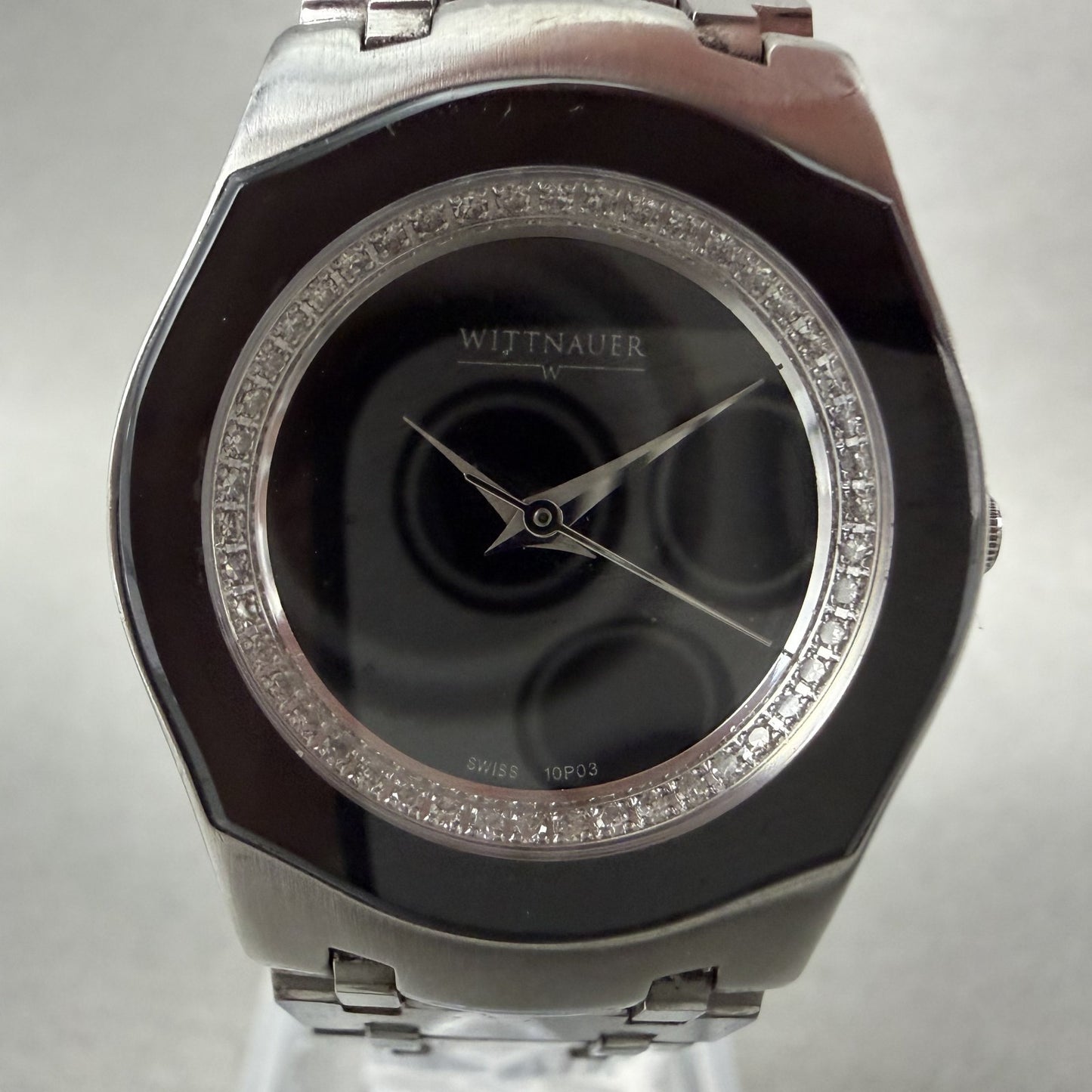 Wittnauer Watch Women 26mm Black Dial Steel Diamond Accents Round New Battery1