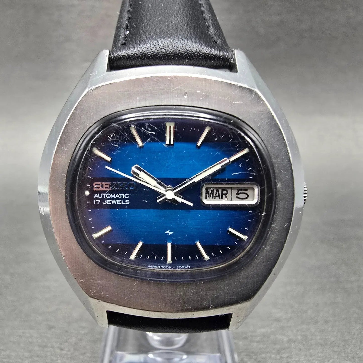 Seiko Automatic Watch Men 39mm Blue Dial Silver Tone Daydate 7009-5008 Runs VTG0