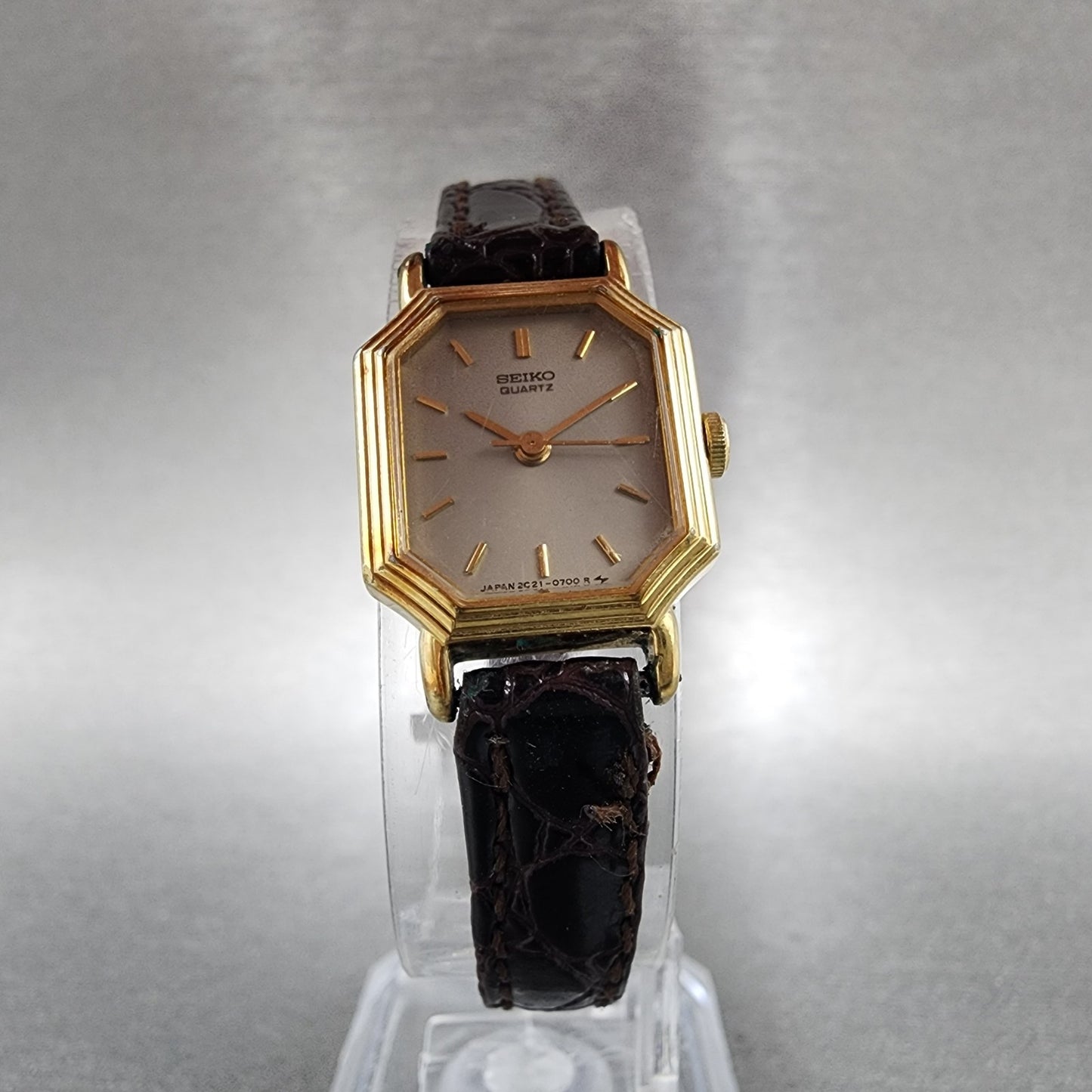 Seiko Tank Watch Women 16mm Gray Dial Gold Tone Octagon 2c215279 New Battery5