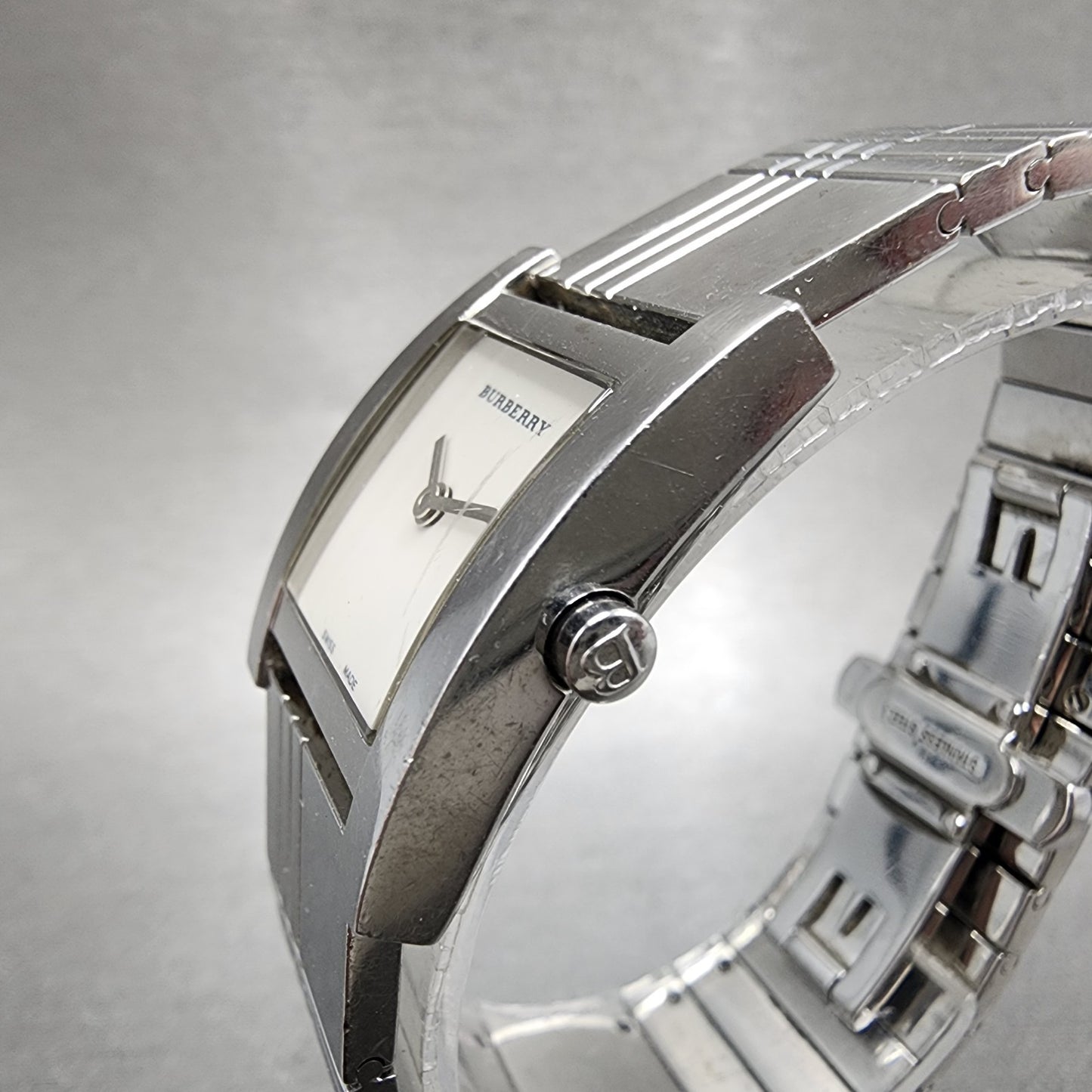 Burberry Tank Watch Women White Dial Stainless Steel Rectangle BU4303 New Batt2