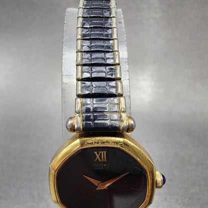 VTG Seiko Watch Women 17mm Black Dial Gold Tone Octagon 14005269 New Battery4