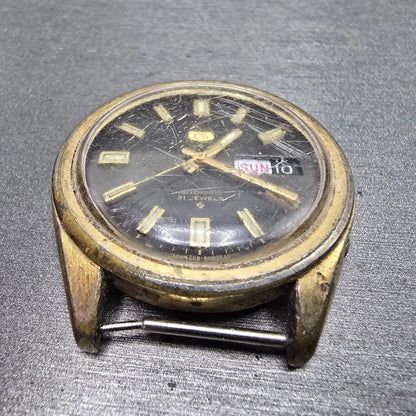 Seiko 5 Automatic Watch Men 37mm Black Gold Tone Daydate 6119-8080 Round PARTS7