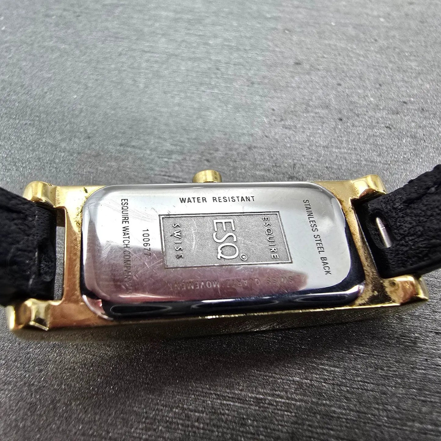 ESQ Tank Watch Women 13mm Black Dial Gold Tone Rectangle 100677 New Battery9