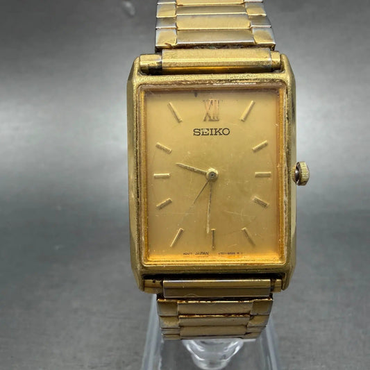 Seiko Tank Watch Men 24mm Gold Dial Gold Tone Rectangle V701-5E10 PARTS0