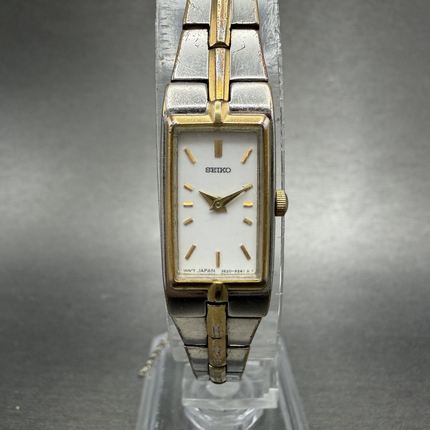 Seiko Tank Watch Women 13mm White Dial two Tone Rectangle 2E20-0AY0 New Battery0