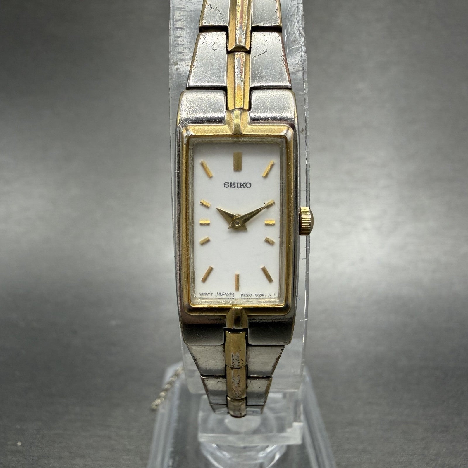 Seiko Tank Watch Women 13mm White Dial two Tone Rectangle 2E20-0AY0 New Battery0