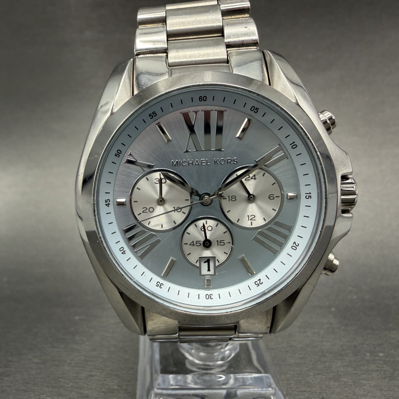 Michael Kors Bradshaw Watch Women 44mm Blue Dial Steel Date MK-6099 New Batt0