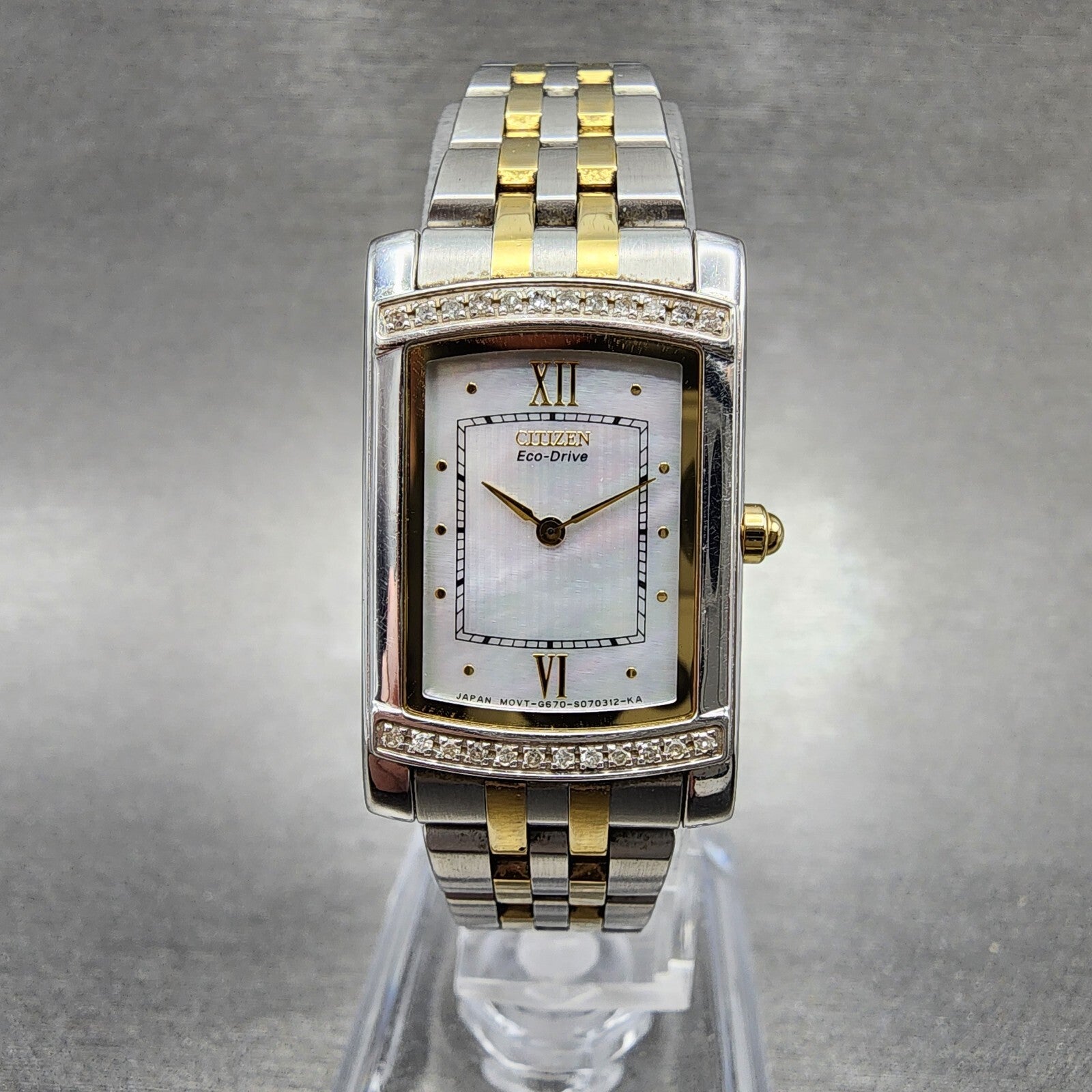 Citizen EcoDrive Tank Watch Women 18mm MOP Dial Two Tone Rectangle Runs0
