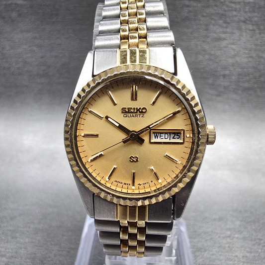Seiko SQ Watch Women 24mm Gold Dial Two Tone Daydate Round 3E23-0A69 New Batt 890