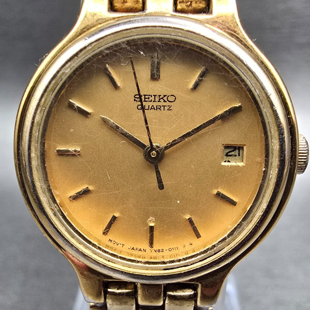 Seiko Watch Women 24mm Gold Dial Gold Tone Date Round 7N82-0071 New Battery1