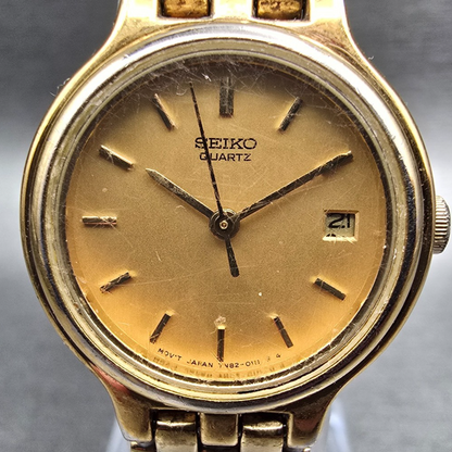 Seiko Watch Women 24mm Gold Dial Gold Tone Date Round 7N82-0071 New Battery1