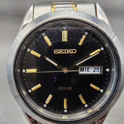 Seiko Solar Watch Men 37mm Black Dial Silver Tone Daydate Round V158-0AB0 WorksF1