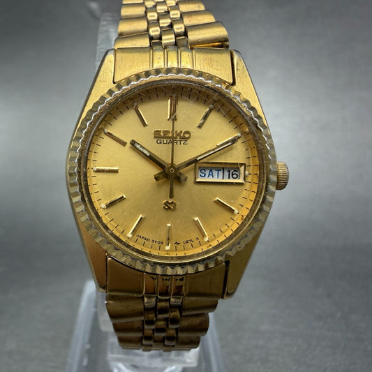 Seiko SQ Watch Women 24mm Gold Dial Gold Tone Daydate 3Y03-0169 New Battery0