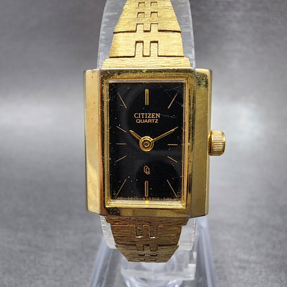 Citizen CQ Tank Watch Women 17mm Black Dial Gold Tone Rectangle New Battery0