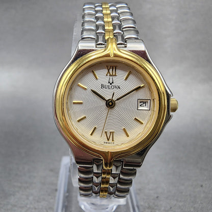 Bulova Watch Women 24mm White Dial two Tone Date Round 98M02 New Battery0