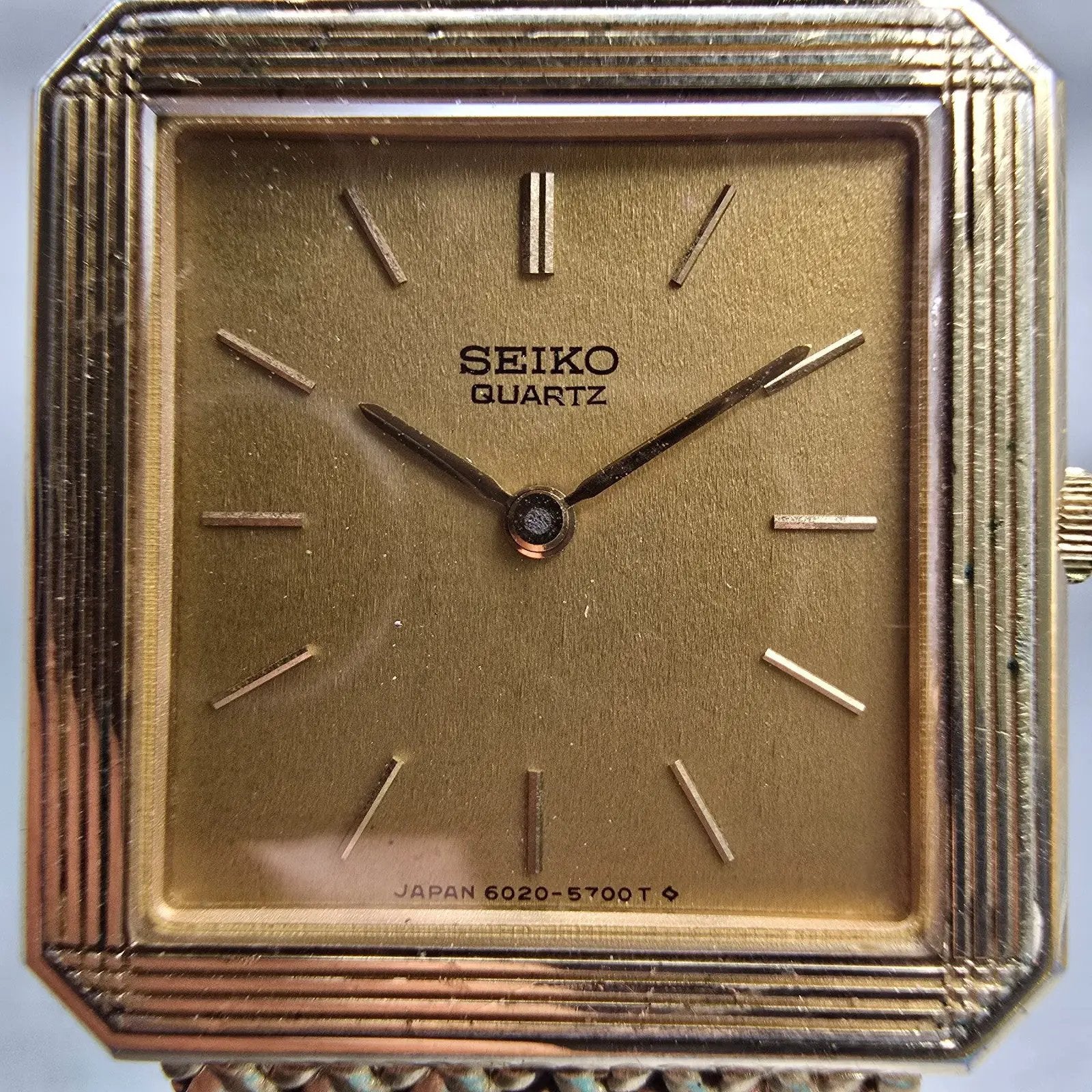 Seiko Watch Men 26mm Gold Dial Gold Tone Rectangle 6020-5339 New Battery Vintage1