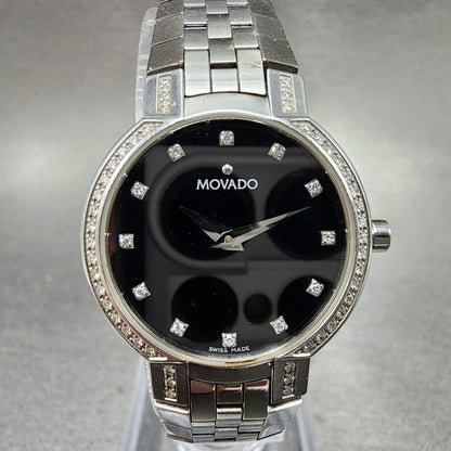 Movado Faceto Watch Women 25mm black Dial Steel Diamonds Round 605586 New Batt