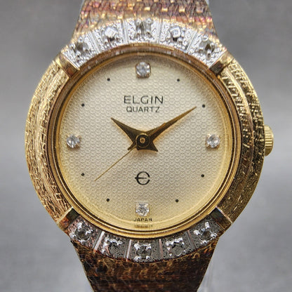 Elgin Watch Women 21mm Champagne Dial Gold Tone Round Diamond bezel New Battery1