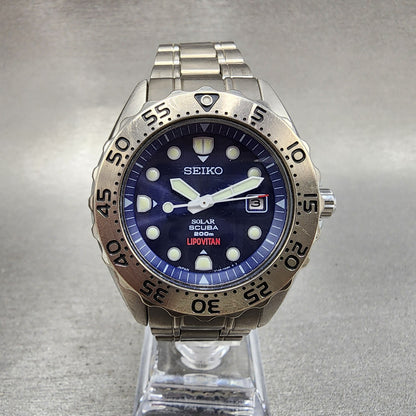 Seiko Prospex Diver Watch Men 41mm Blue Dial Titanium Date Solar V1450AH0 Runs1