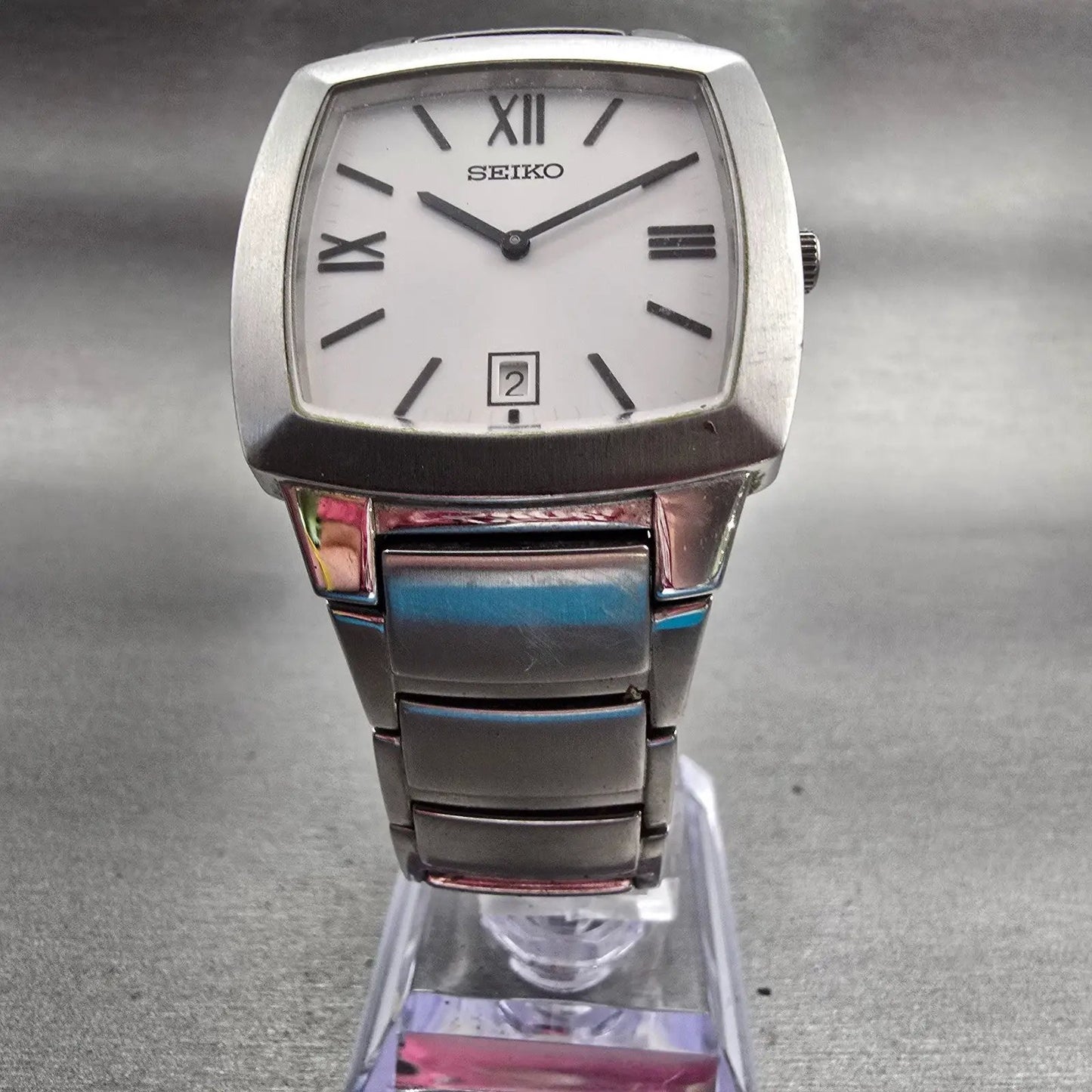 Seiko Watch Men 34mm White Dial Silver Tone Date Rectangle 7N39-0AS0 New Battery5